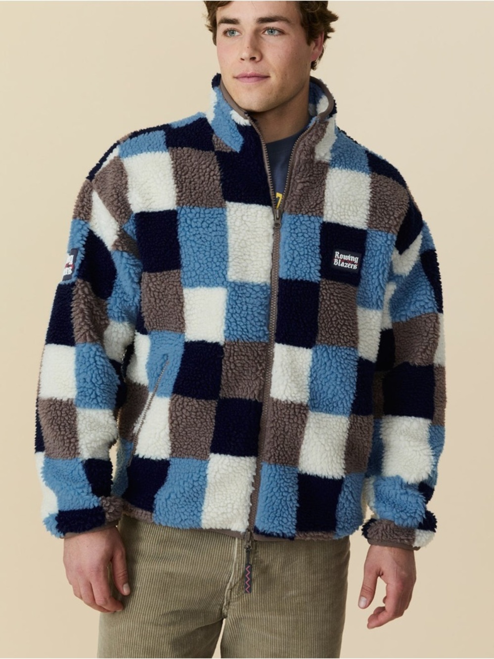 NWT Rowing Blazers Men’s Patchwork Sherpa Jacket in Blue Multi